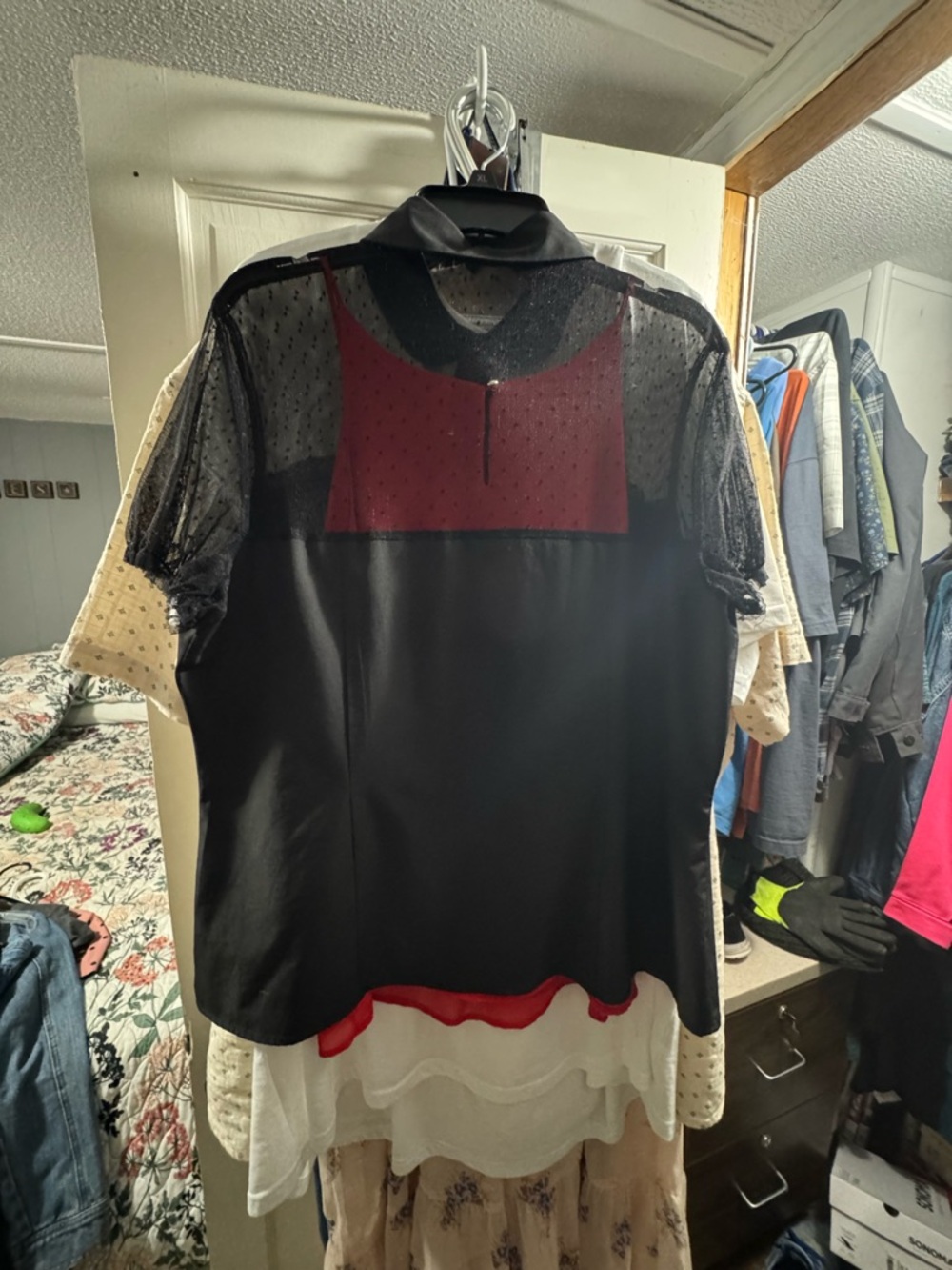 Sheer Black Layered Short-Sleeve Top with Red Accent